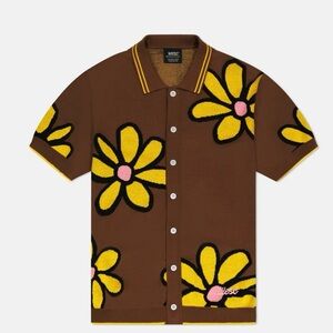WESC Polo Shirt Men M Brown Yellow Daisy Floral Knit Collared Button Up NWT
